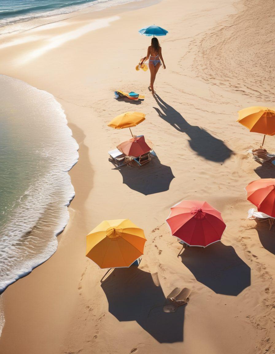 A sunny beach scene with a group of stylish women of diverse ethnicities enjoying their summer day, wearing vibrant and fashionable beachwear. The backdrop features golden sand, clear blue skies, and gentle waves, while beach umbrellas and colorful towels add to the summer vibe. Include elegantly designed swimwear and accessories like hats and sunglasses for a trendy touch. super-realistic. vibrant colors. golden hour lighting.