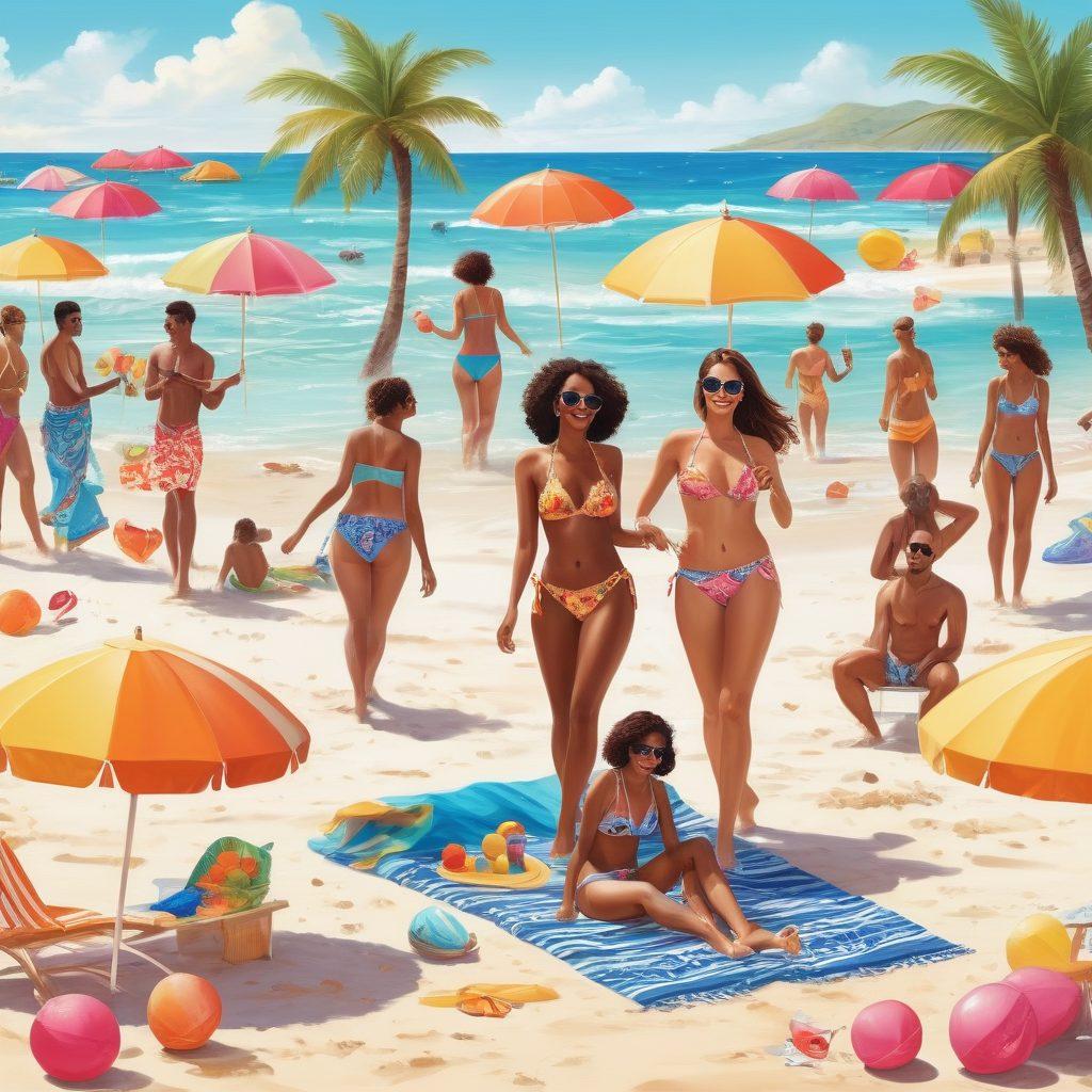 A vibrant summer scene showcasing diverse individuals in flirty swimwear on a sunny beach. Emphasize playful patterns and bright colors with flowing sarongs and stylish sunglasses. Include beach umbrellas, juicy tropical drinks, and beach balls for a fun atmosphere. Capture a sense of confidence and body positivity. digital illustration. vibrant colors. relaxed summer vibe.