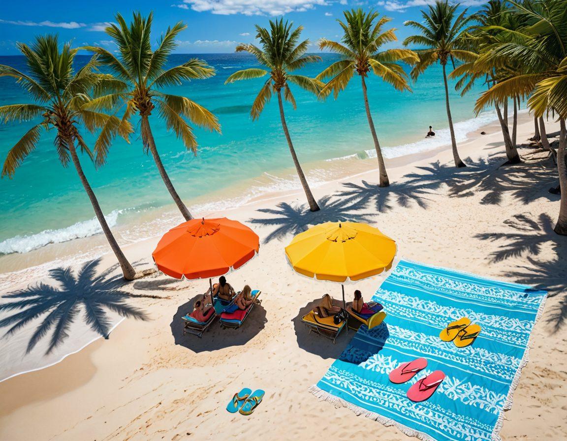 A sun-kissed beach scene with vibrant colors showcasing diverse women in trendy bikinis, lounging on colorful beach towels under bright umbrellas. The background features crystal-clear waves and a clear blue sky, with playful beach accessories like flip-flops and sunglasses scattered around. Include palm trees swaying gently in the breeze to enhance the summer vibe. super-realistic. vibrant colors.